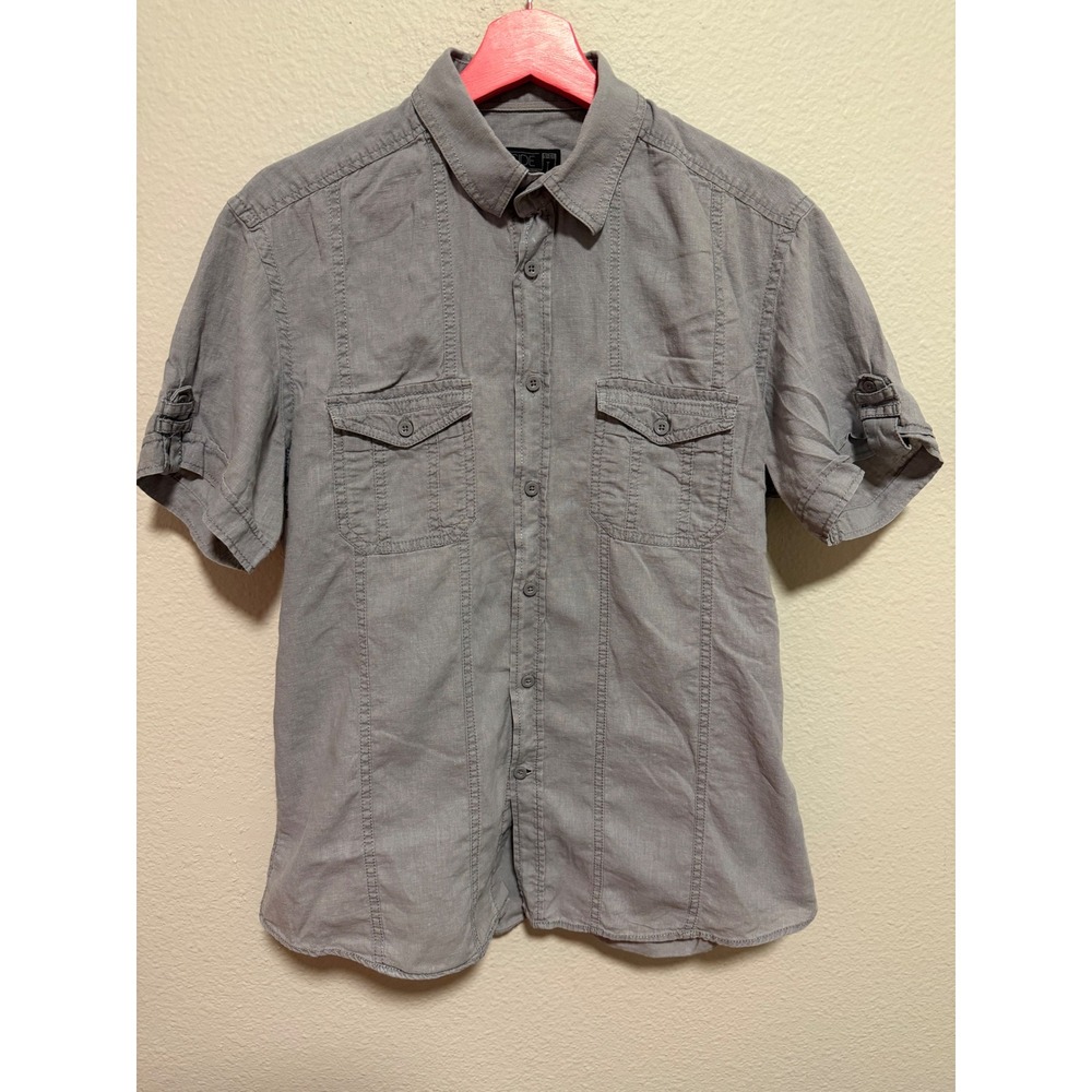 XSIDE Mens Grey Short Sleeve Button Down Utility Shirt Large Pintuck Pockets